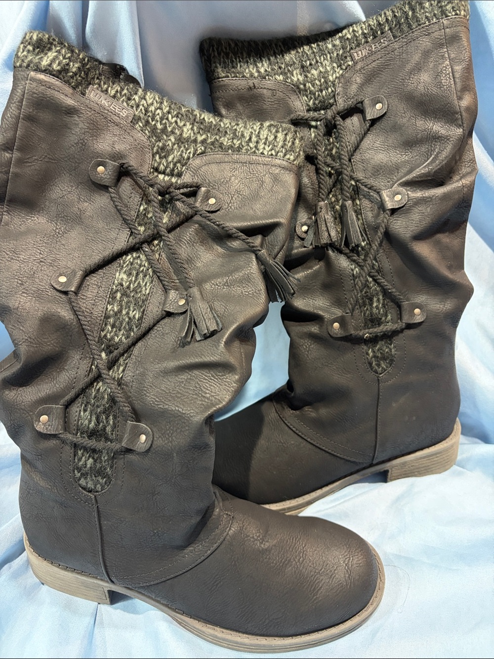 Muk Luks Black Knit-Trim Tassel Riding Boots